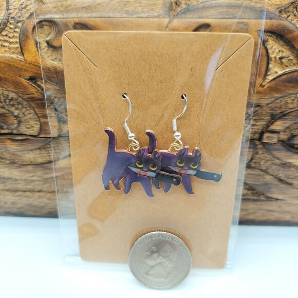 Naughty Cat Earrings Halloween Horror Purple Kitty - Picture 2 of 2